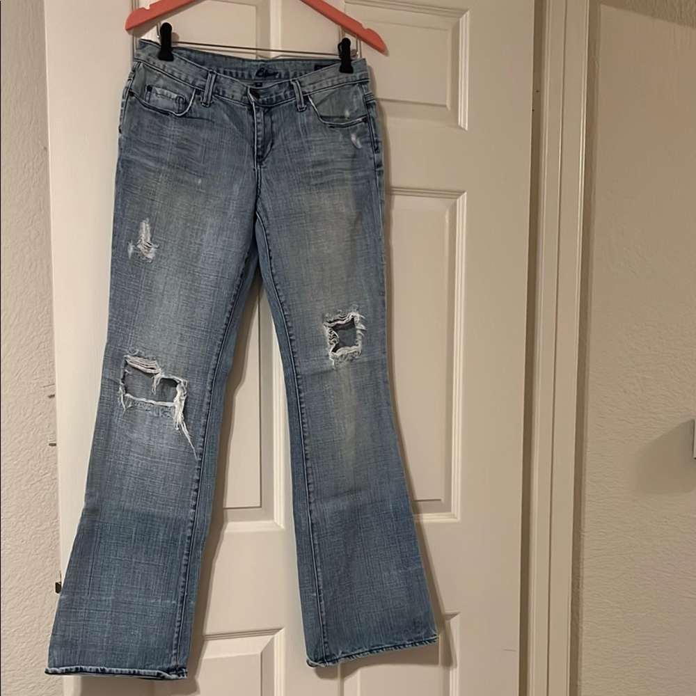SACRED Blue /Classic Blue,slightly flare Jeans w/Faded Distressed Look.Size29